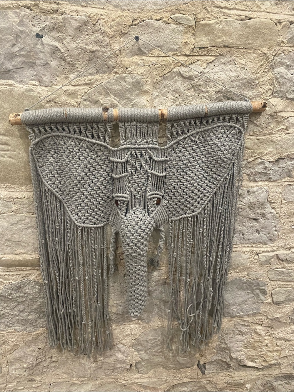 Handmade Macramé Elephant Wall Hanging in Light Gray